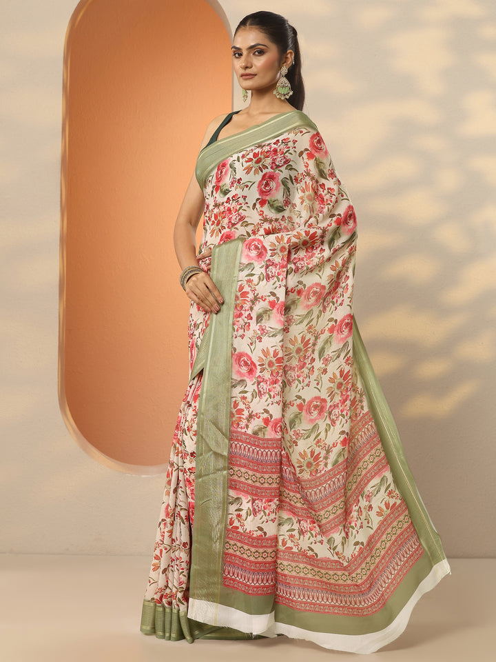 Cream Printed Pure Georgette Saree With Unstitched Blouse Piece