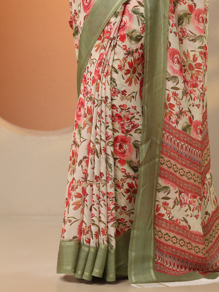 Cream Printed Pure Georgette Saree With Unstitched Blouse Piece