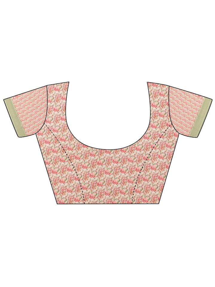 Cream Printed Pure Georgette Saree With Unstitched Blouse Piece