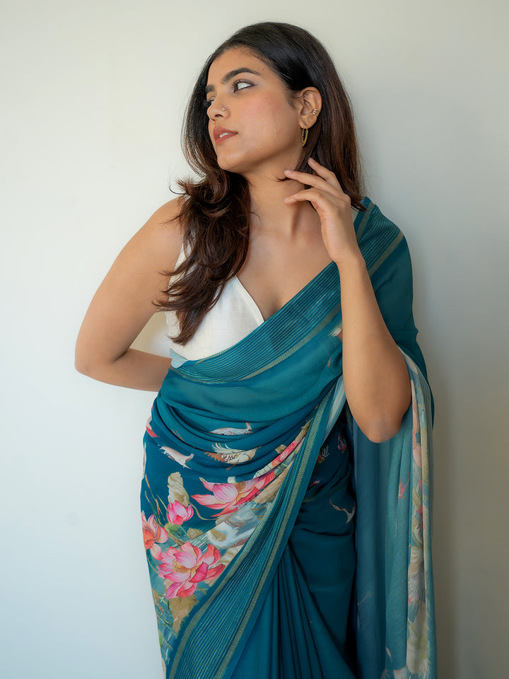 Green Printed Pure Georgette Saree With Unstitched Blouse Piece