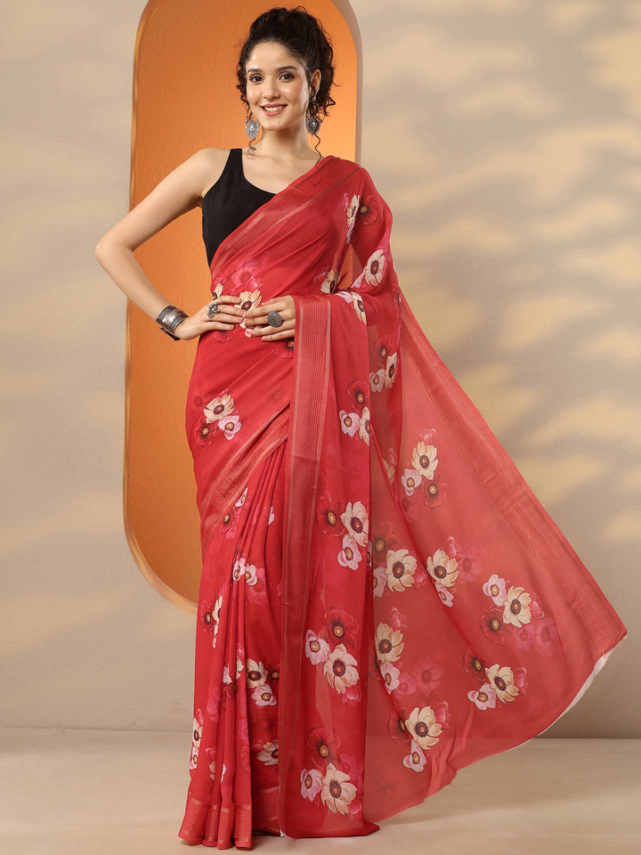 Red Printed Georgette Saree With Unstitched Blouse Piece