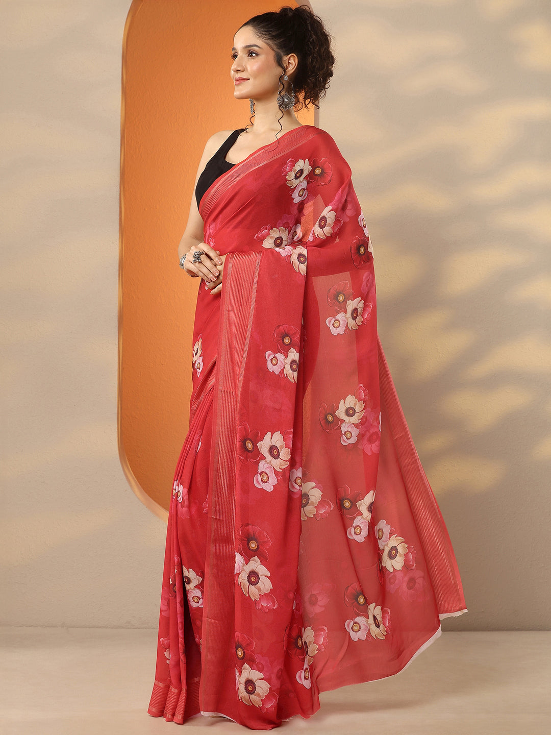 Red Printed Georgette Saree With Unstitched Blouse Piece