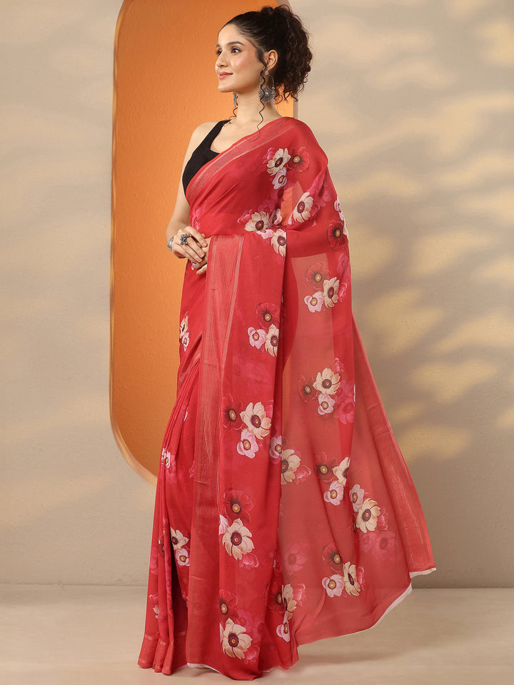 Red Printed Georgette Saree With Unstitched Blouse Piece