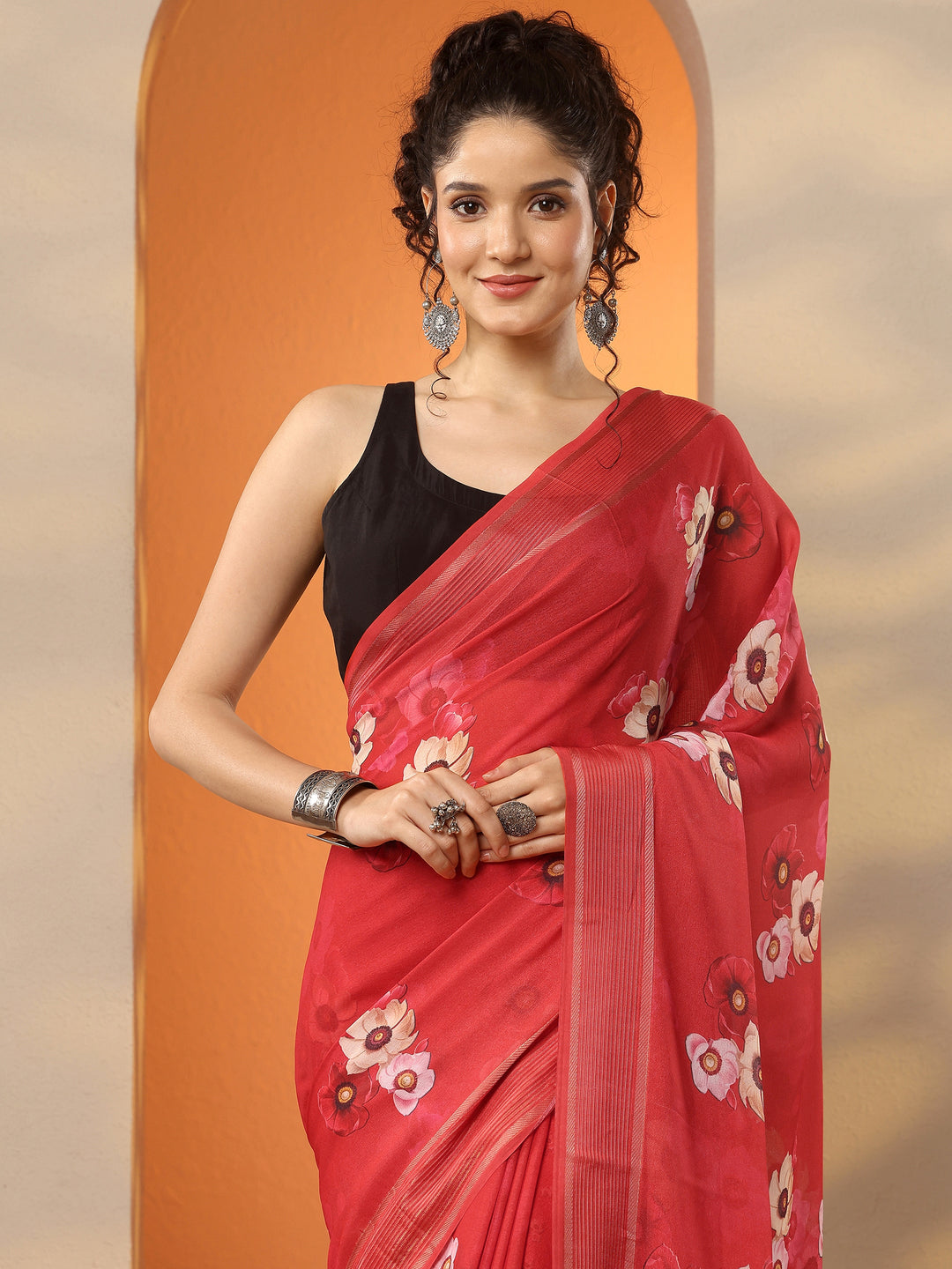 Red Printed Georgette Saree With Unstitched Blouse Piece