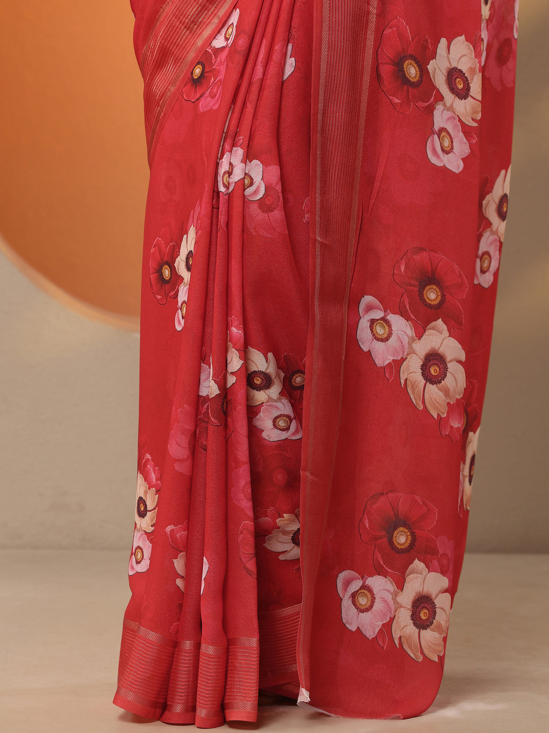 Red Printed Georgette Saree With Unstitched Blouse Piece