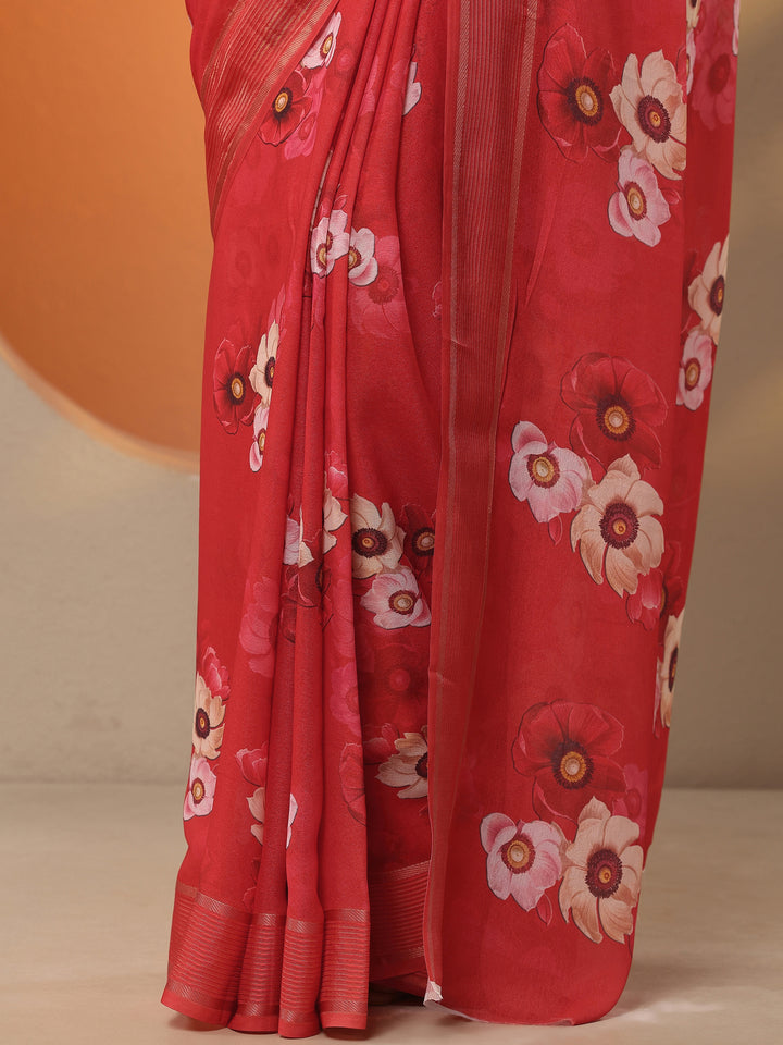 Red Printed Georgette Saree With Unstitched Blouse Piece
