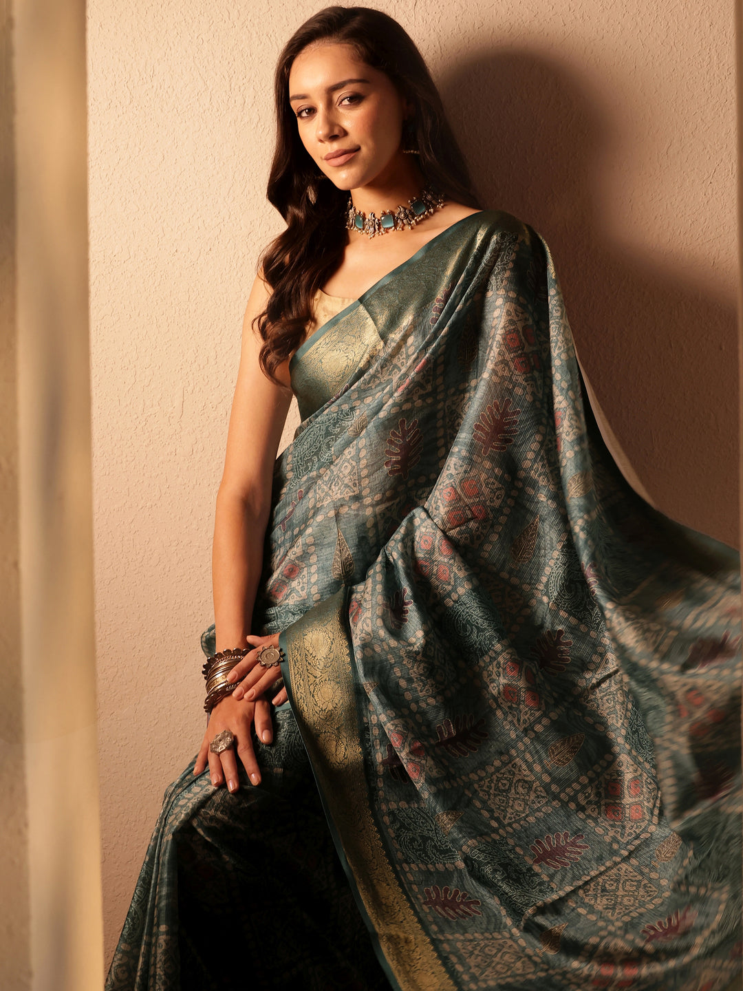 Blue Printed Kota Saree With Unstitched Blouse Piece