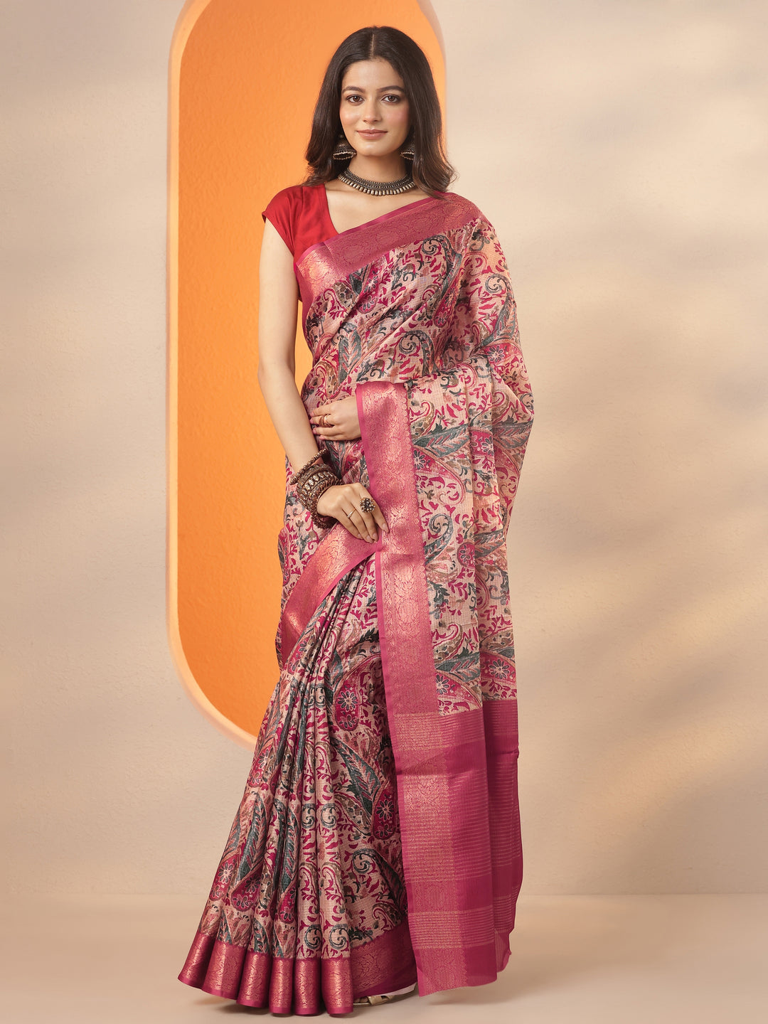Taupe Printed Kota Saree With Unstitched Blouse Piece