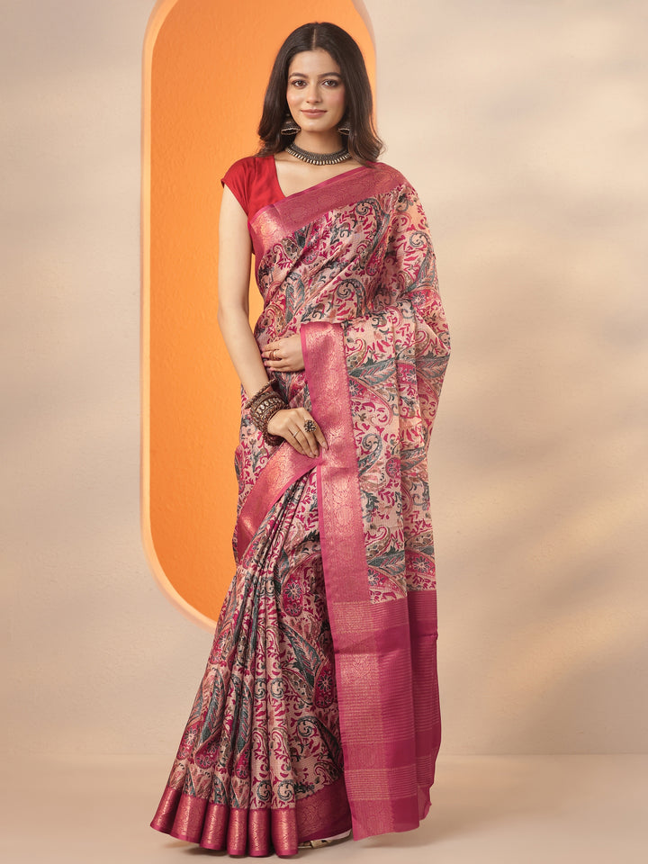 Taupe Printed Kota Saree With Unstitched Blouse Piece