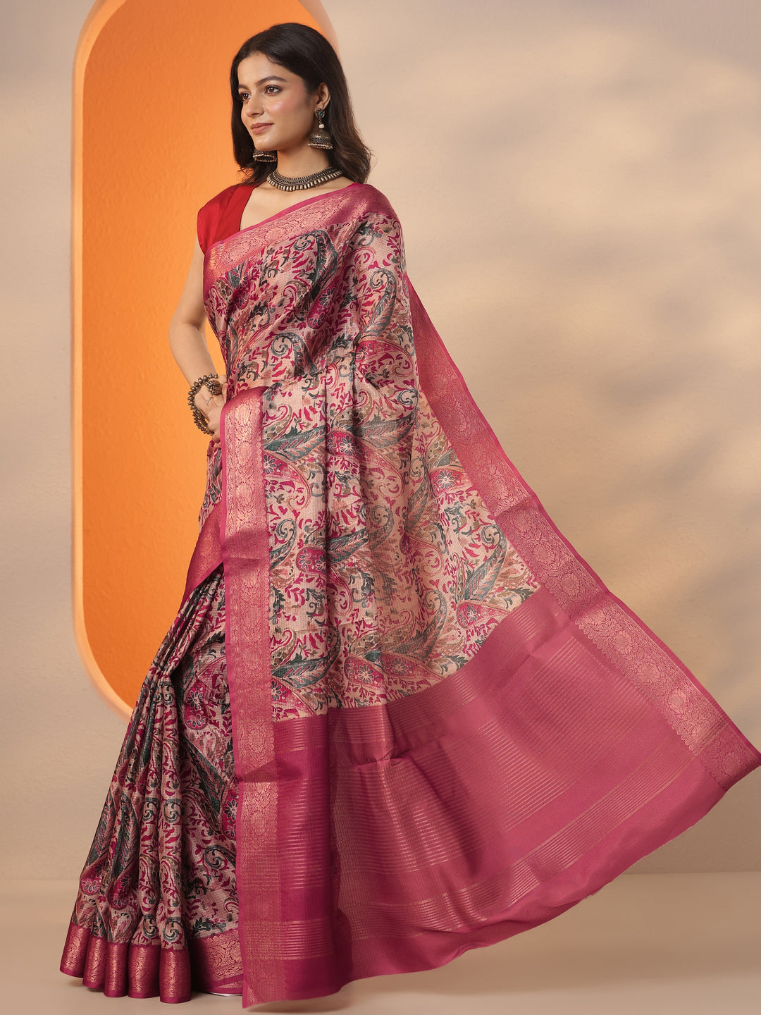 Taupe Printed Kota Saree With Unstitched Blouse Piece