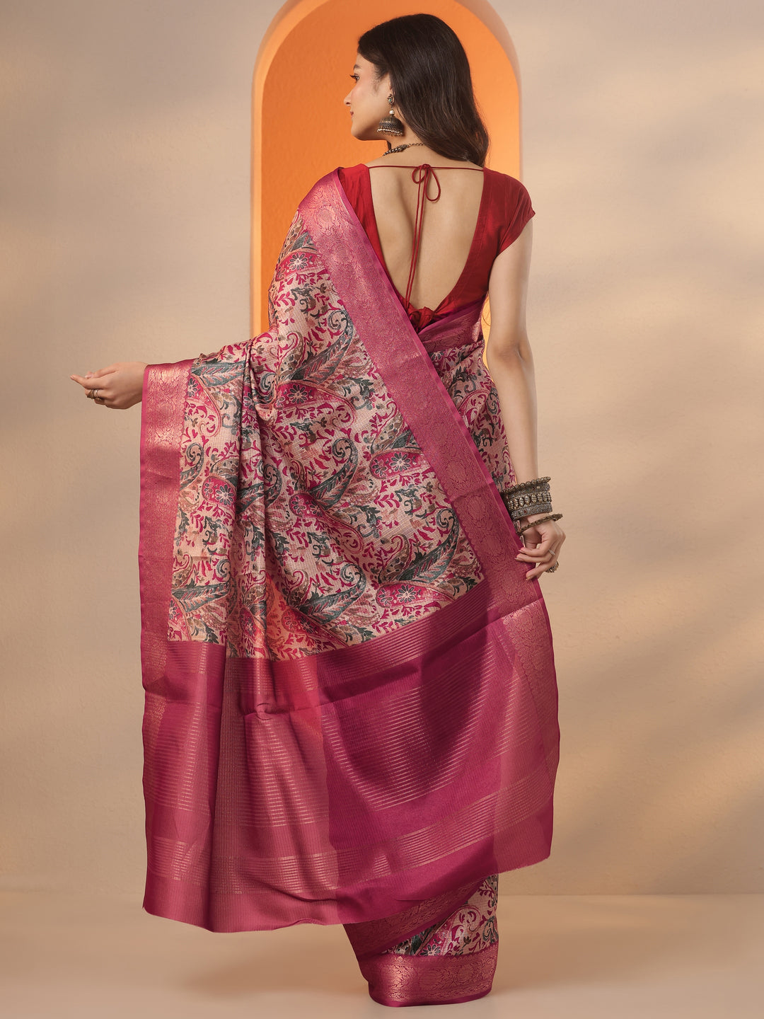 Taupe Printed Kota Saree With Unstitched Blouse Piece