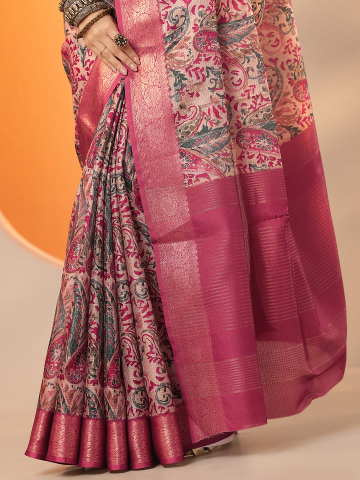 Taupe Printed Kota Saree With Unstitched Blouse Piece