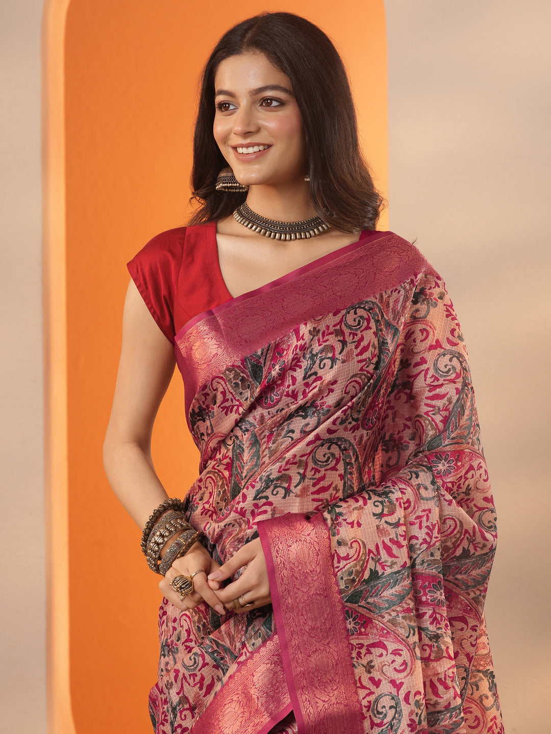 Taupe Printed Kota Saree With Unstitched Blouse Piece