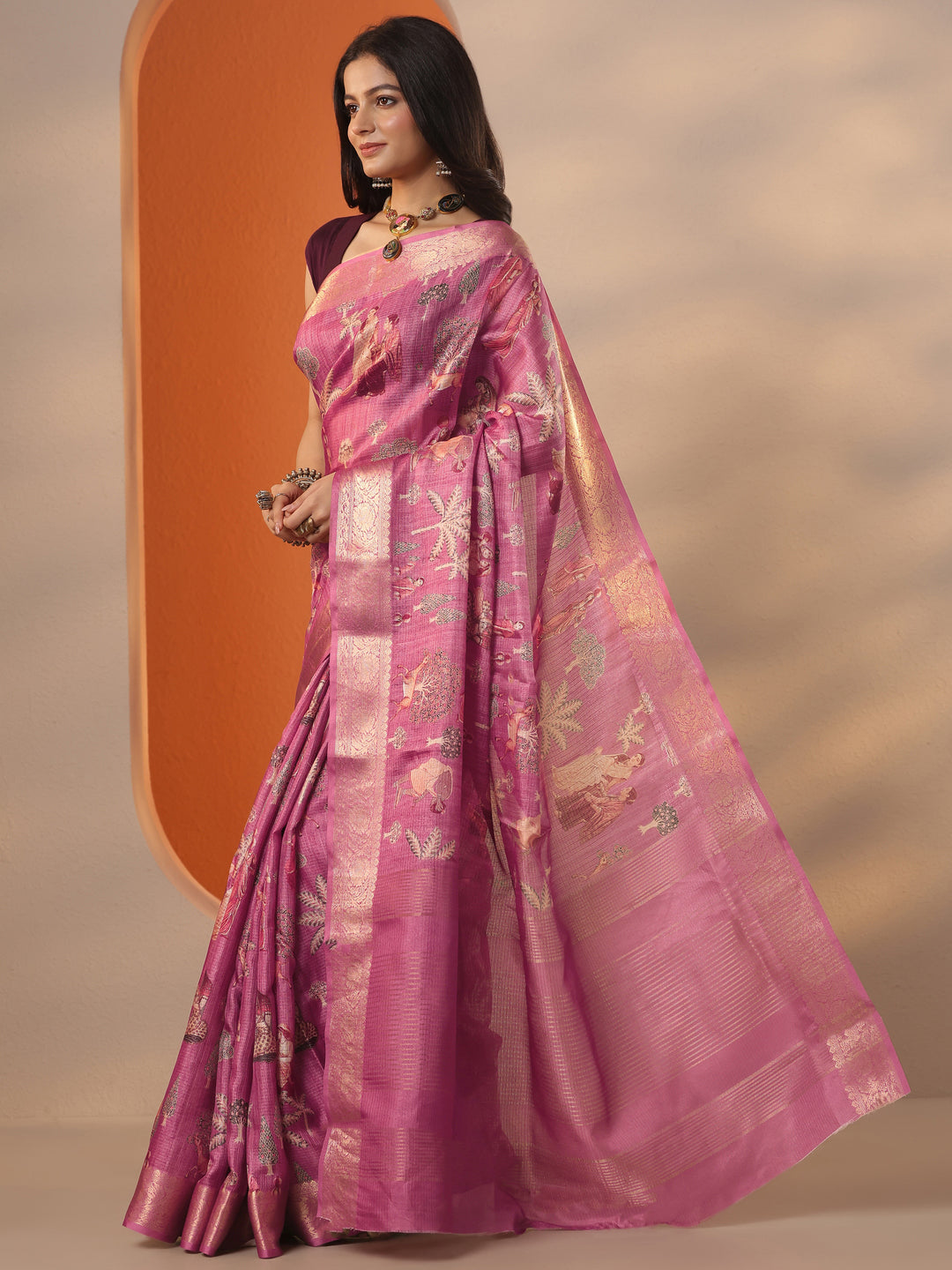 Mauve Tribal Printed Kota Saree With Unstitched Blouse Piece