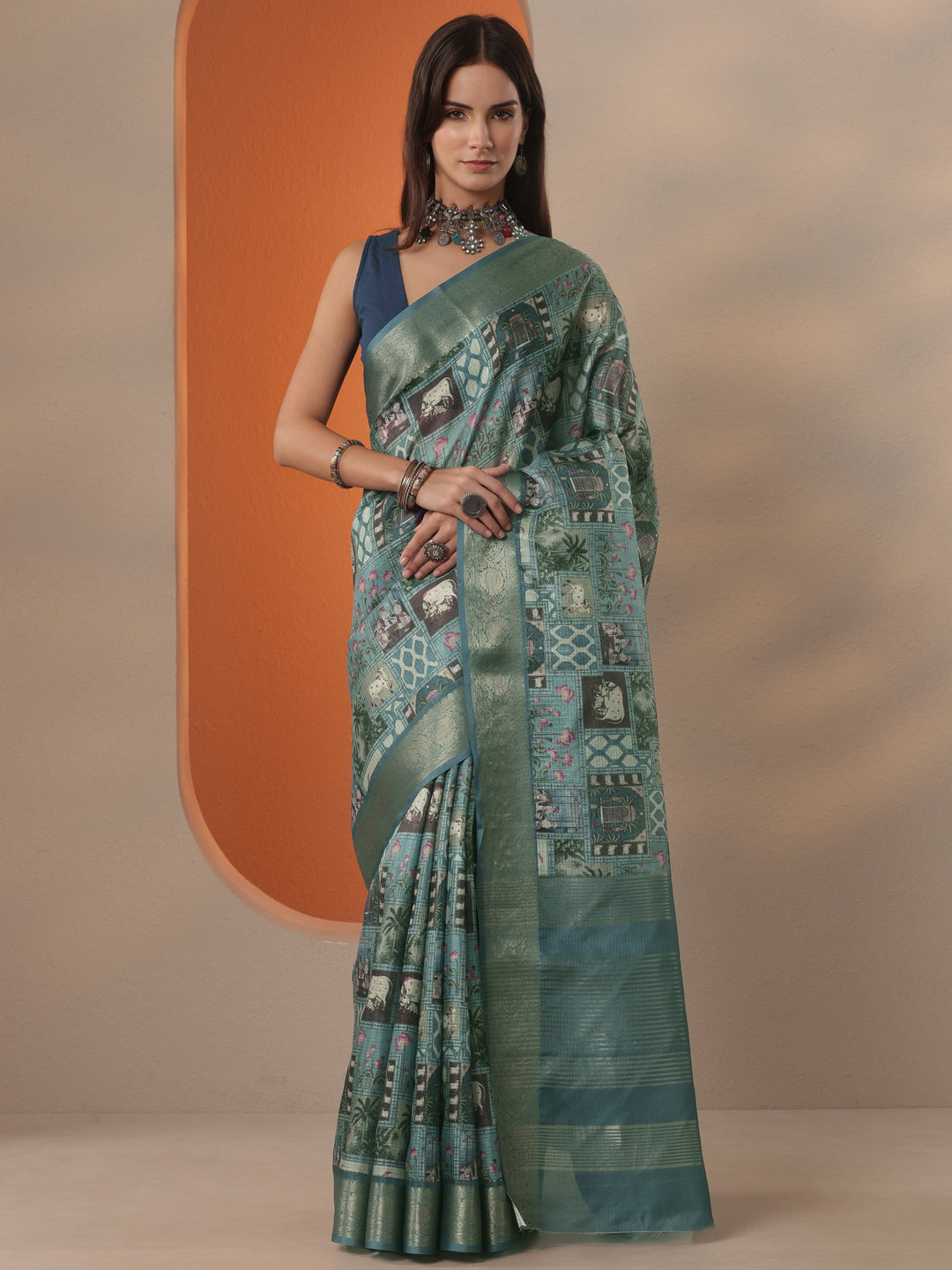 Blue Tribal Printed Kota Saree With Unstitched Blouse Piece