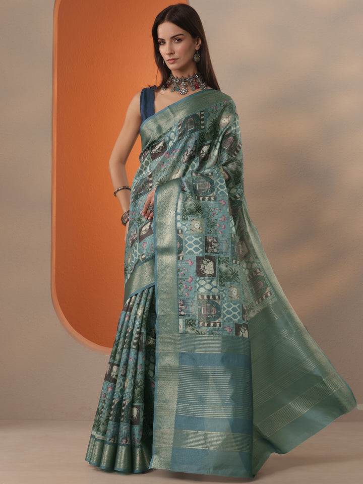 Blue Tribal Printed Kota Saree With Unstitched Blouse Piece