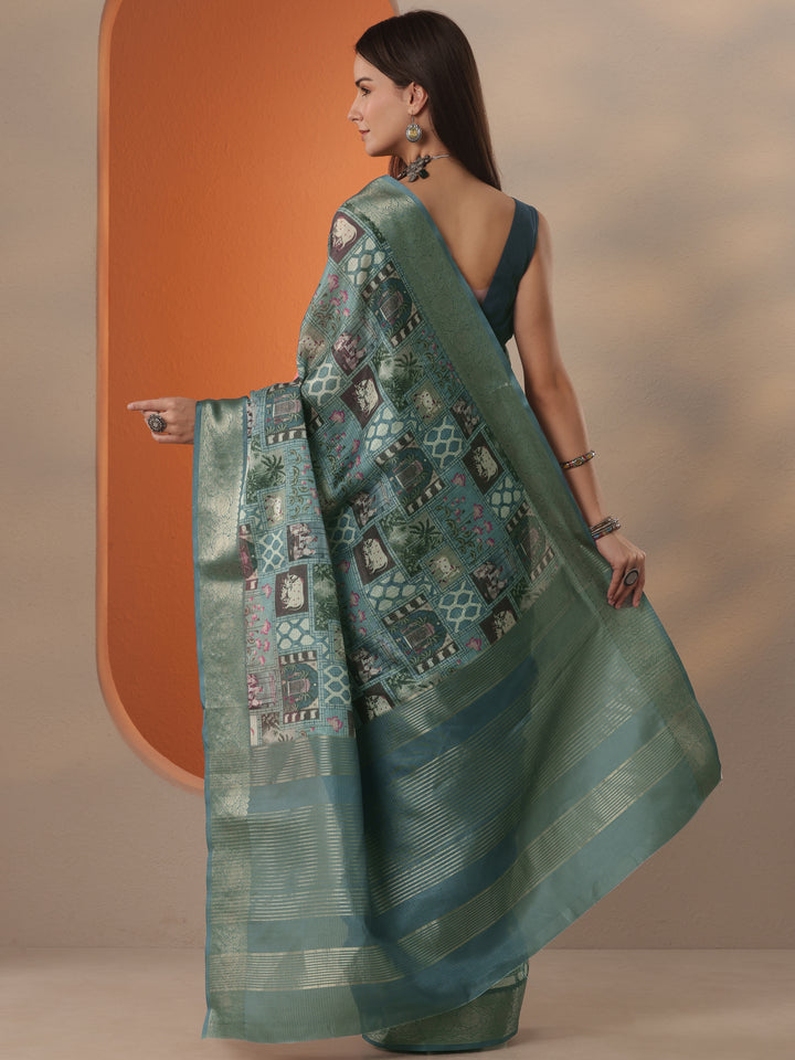 Blue Tribal Printed Kota Saree With Unstitched Blouse Piece