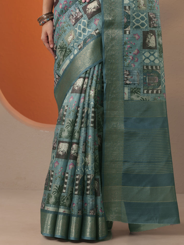 Blue Tribal Printed Kota Saree With Unstitched Blouse Piece