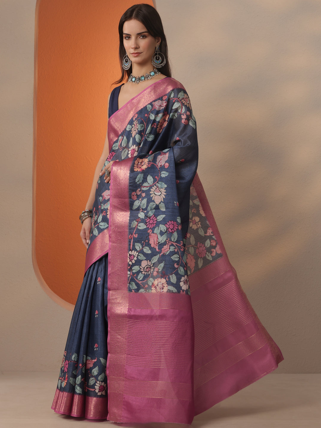 Navy Blue Printed Kota Saree With Unstitched Blouse Piece