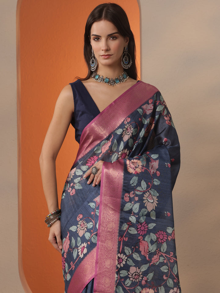 Navy Blue Printed Kota Saree With Unstitched Blouse Piece