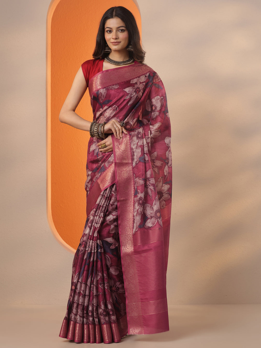 Maroon Printed Kota Saree With Unstitched Blouse Piece