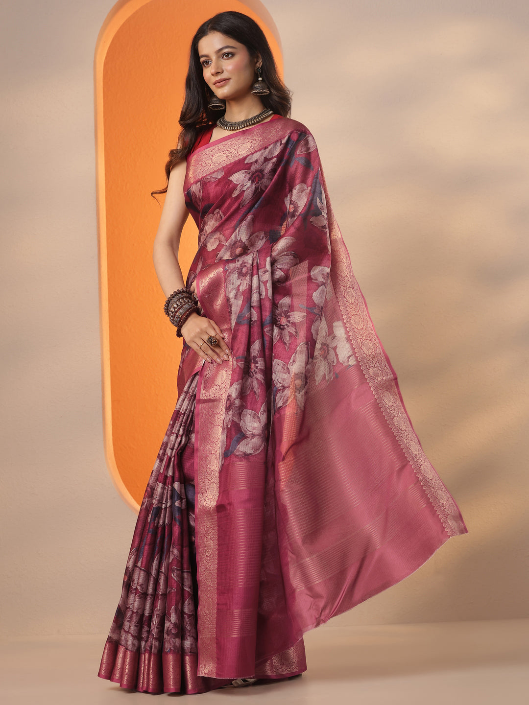 Maroon Printed Kota Saree With Unstitched Blouse Piece