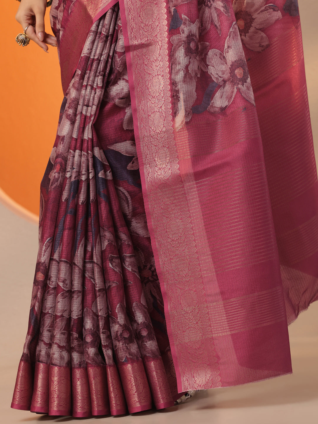 Maroon Printed Kota Saree With Unstitched Blouse Piece