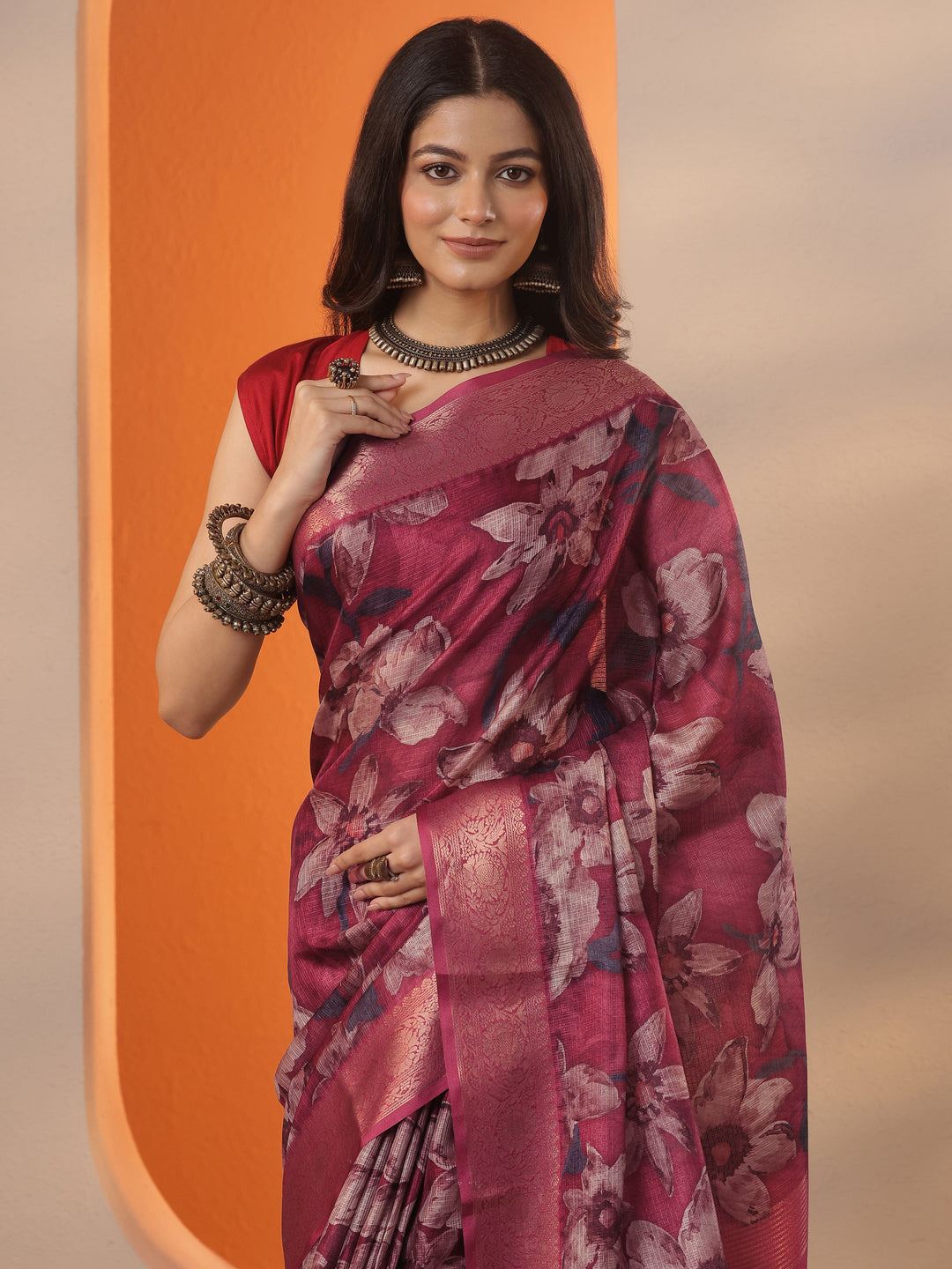 Maroon Printed Kota Saree With Unstitched Blouse Piece