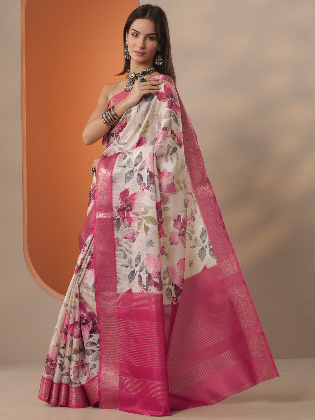 Beige Printed Kota Saree With Unstitched Blouse Piece