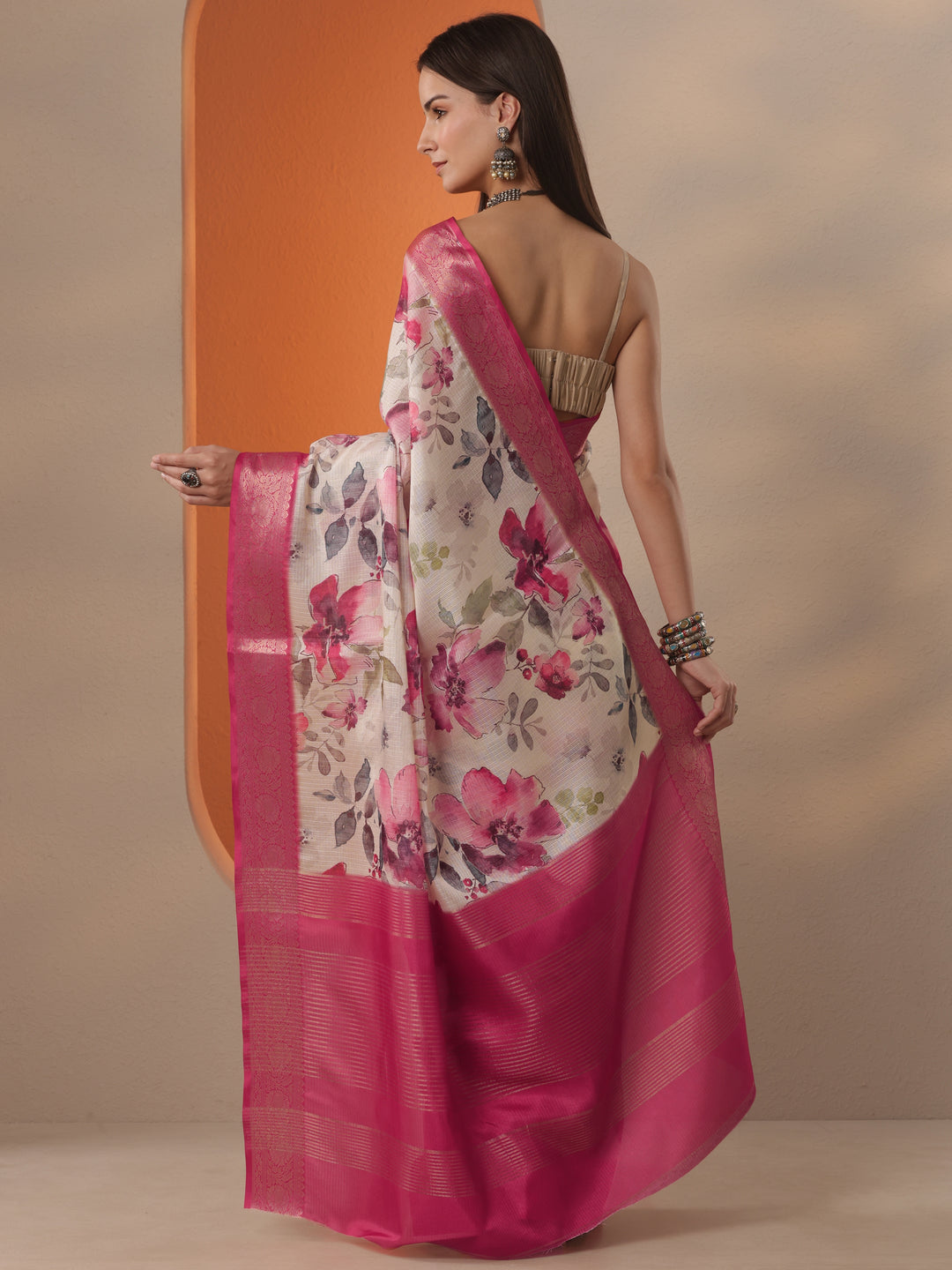 Beige Printed Kota Saree With Unstitched Blouse Piece