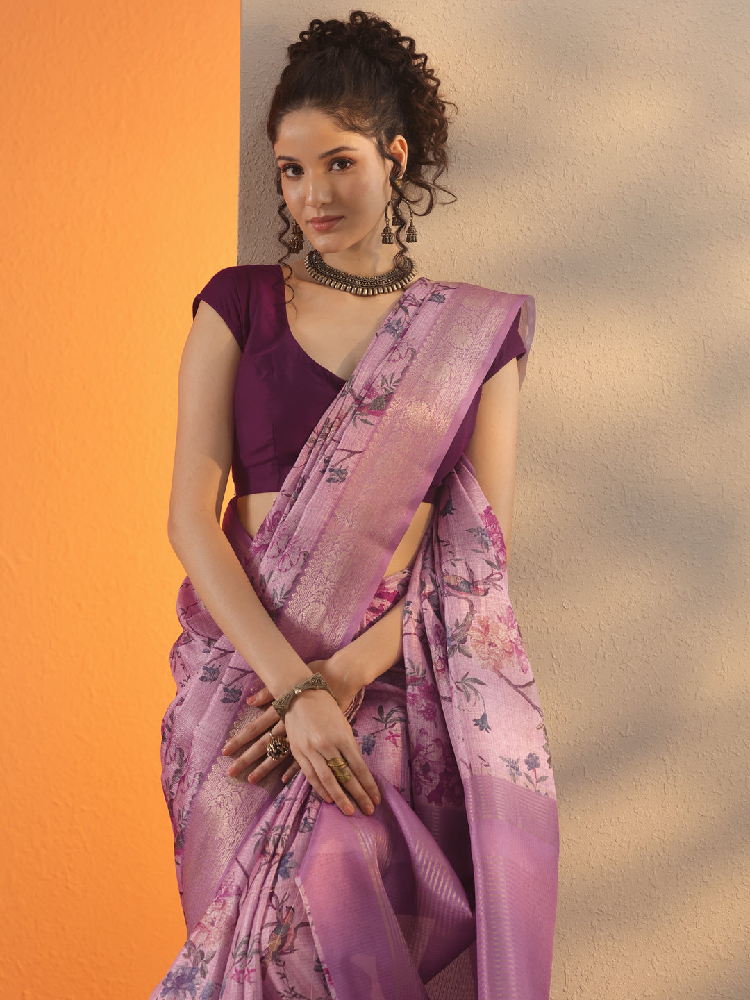Mauve Printed Kota Saree With Unstitched Blouse Piece