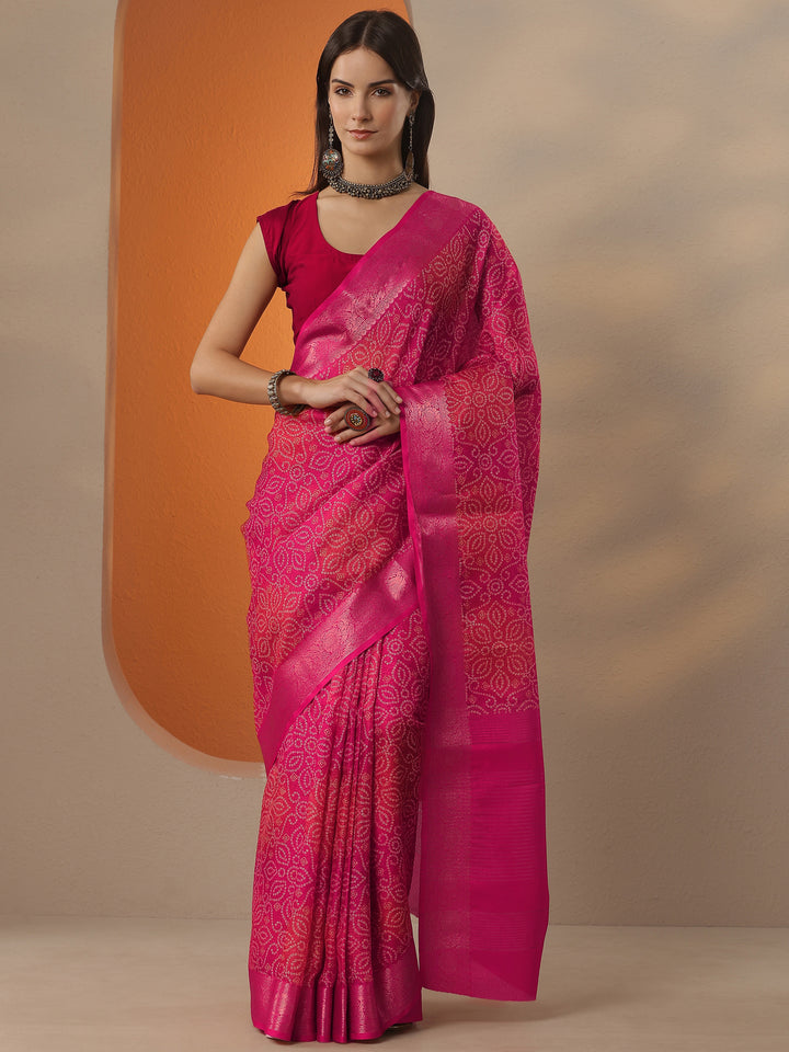 Coral Bandhani Printed Kota Saree With Unstitched Blouse Piece