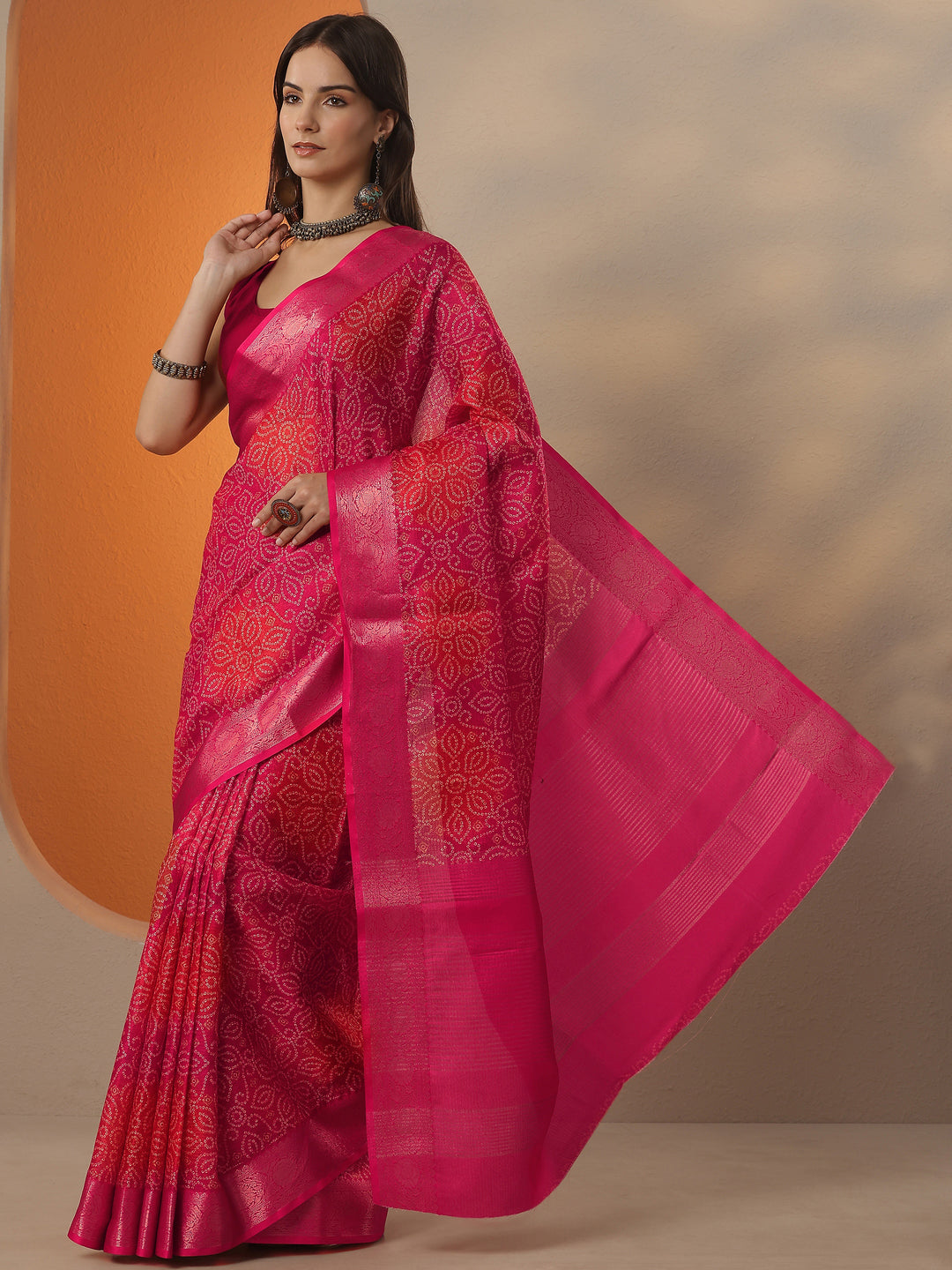 Coral Bandhani Printed Kota Saree With Unstitched Blouse Piece