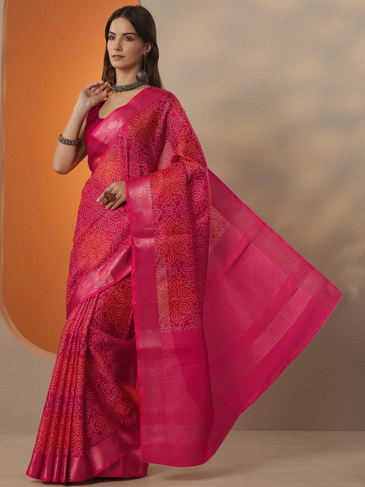 Coral Bandhani Printed Kota Saree With Unstitched Blouse Piece