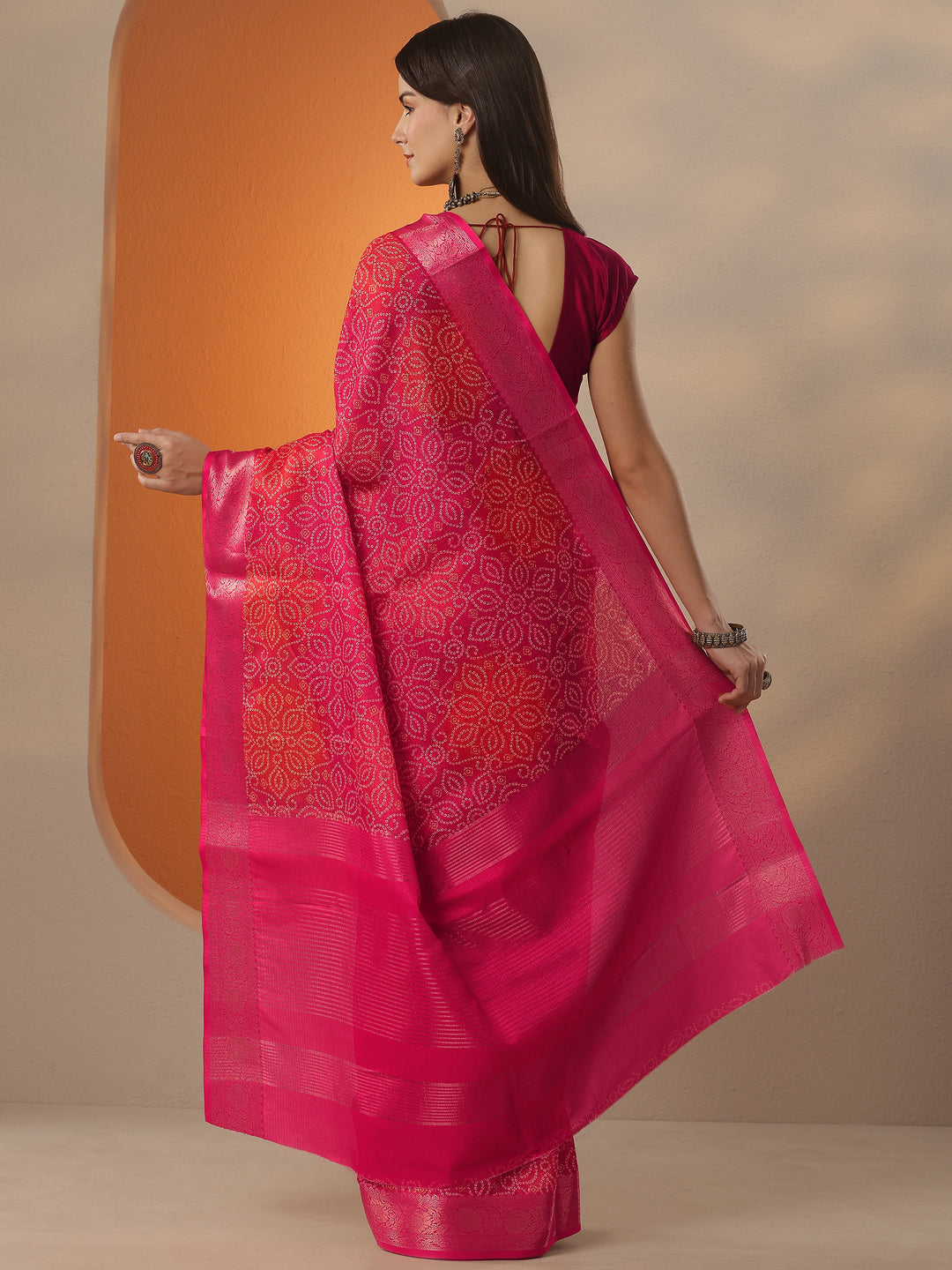 Coral Bandhani Printed Kota Saree With Unstitched Blouse Piece