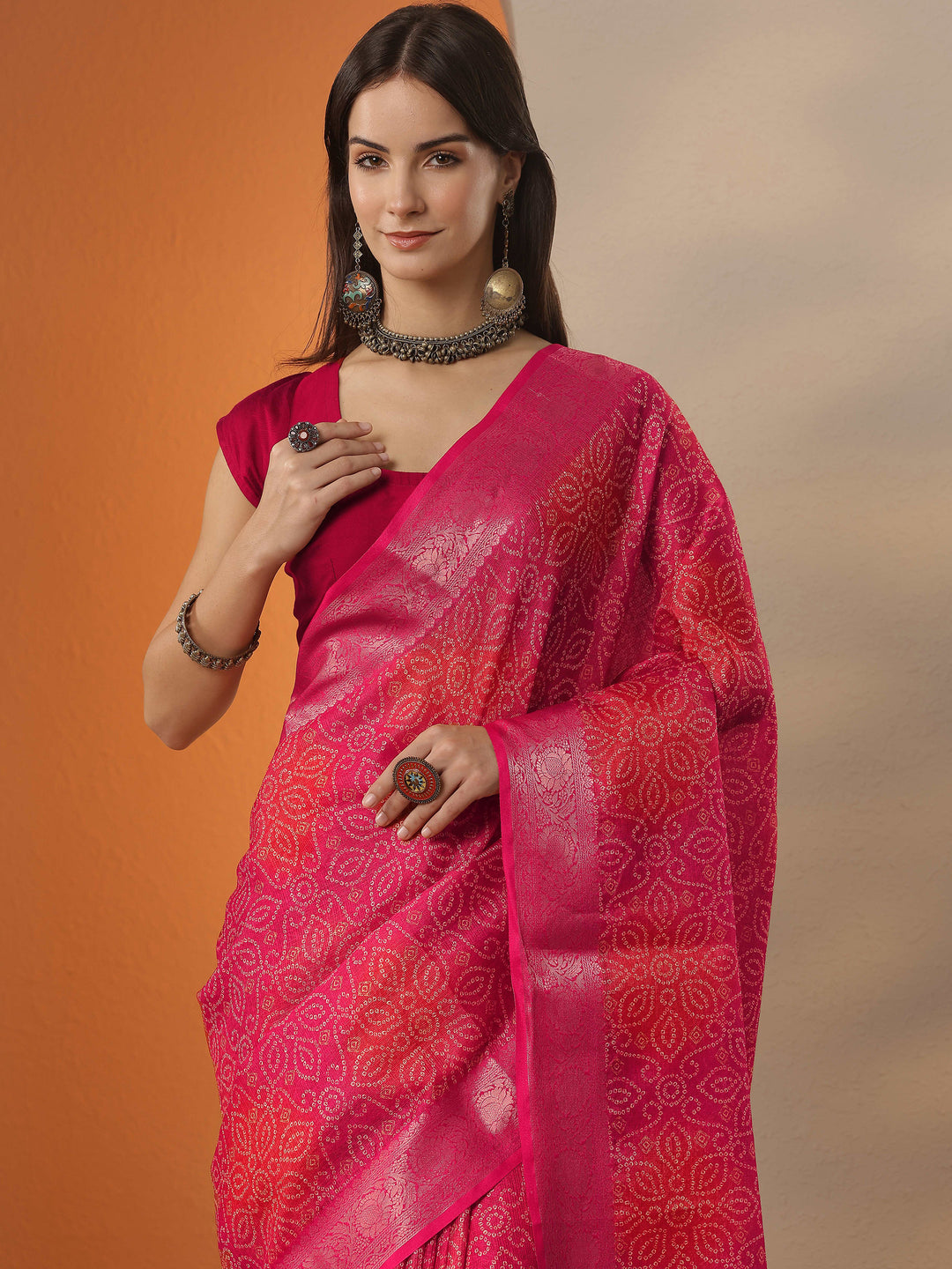 Coral Bandhani Printed Kota Saree With Unstitched Blouse Piece