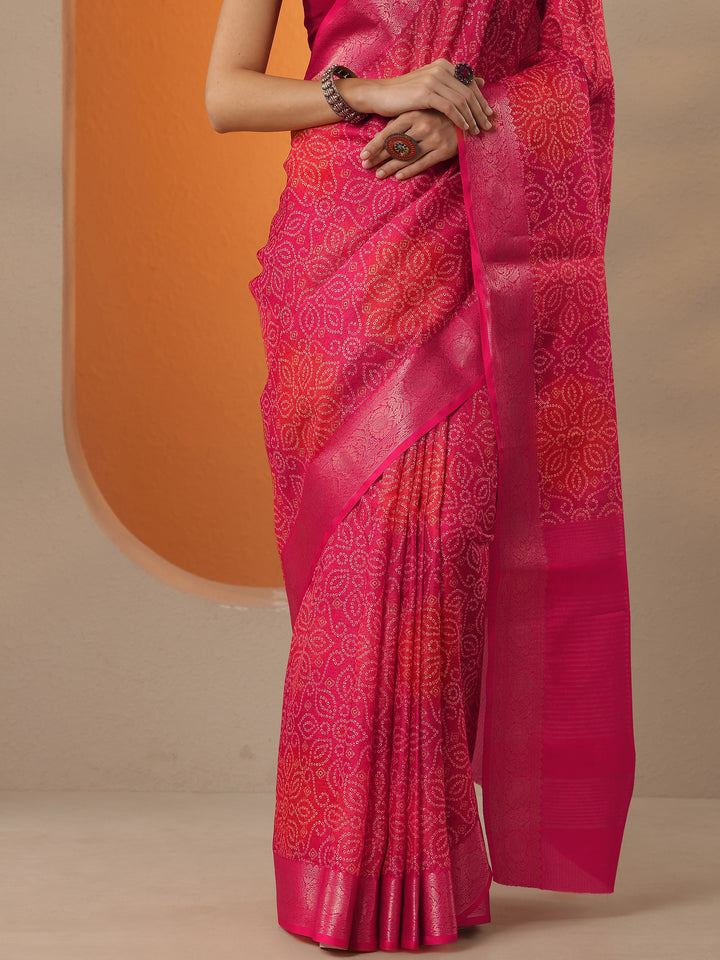 Coral Bandhani Printed Kota Saree With Unstitched Blouse Piece