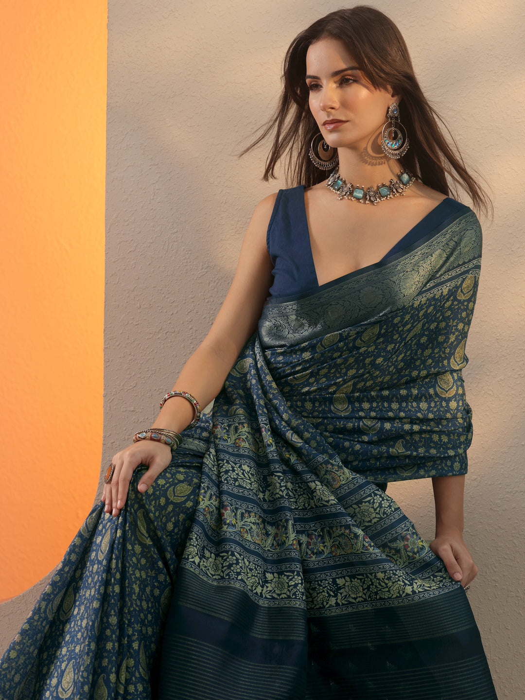 Navy Blue Printed Kota Saree With Unstitched Blouse Piece
