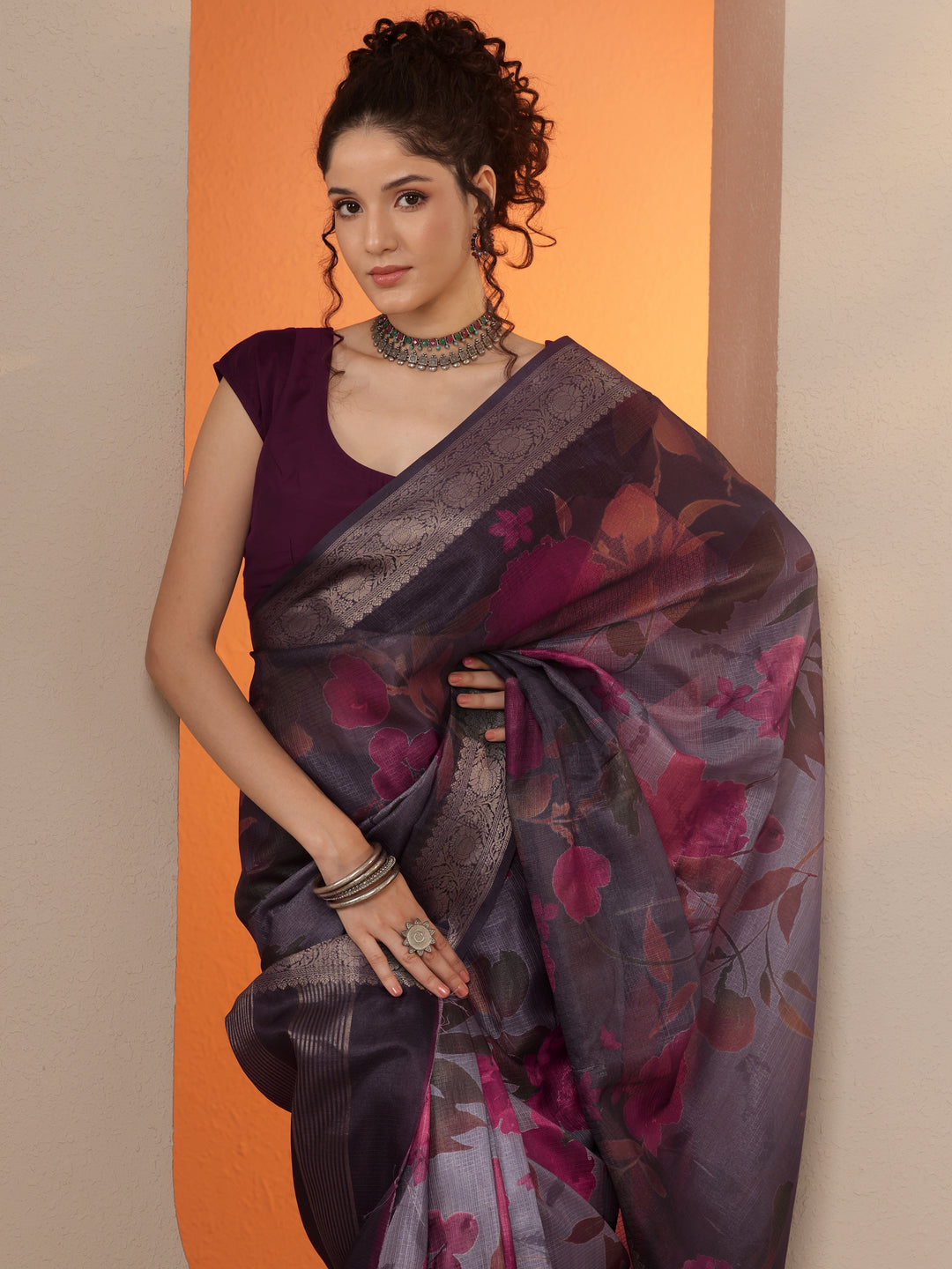 Grey Printed Kota Saree With Unstitched Blouse Piece