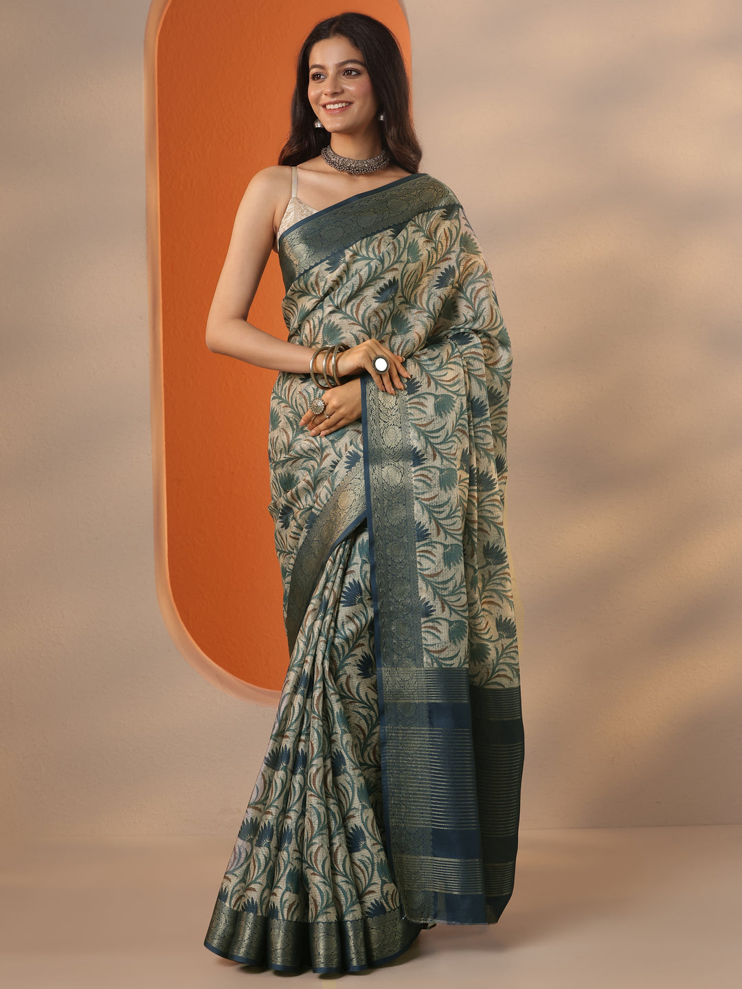 Green Tropical Printed Kota Saree With Unstitched Blouse Piece