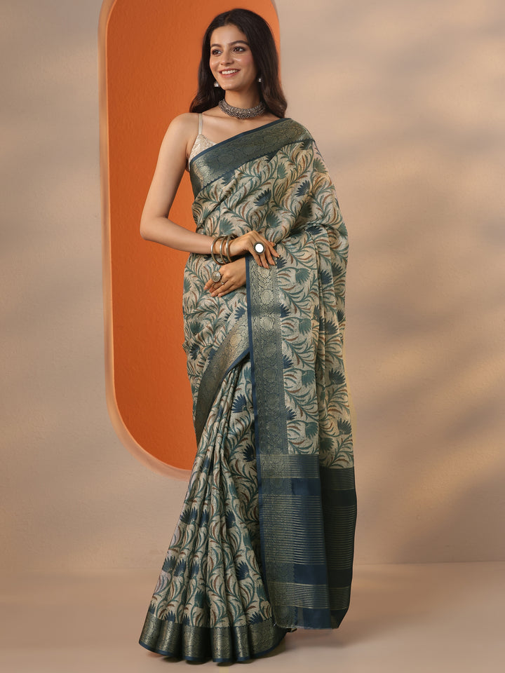 Green Tropical Printed Kota Saree With Unstitched Blouse Piece