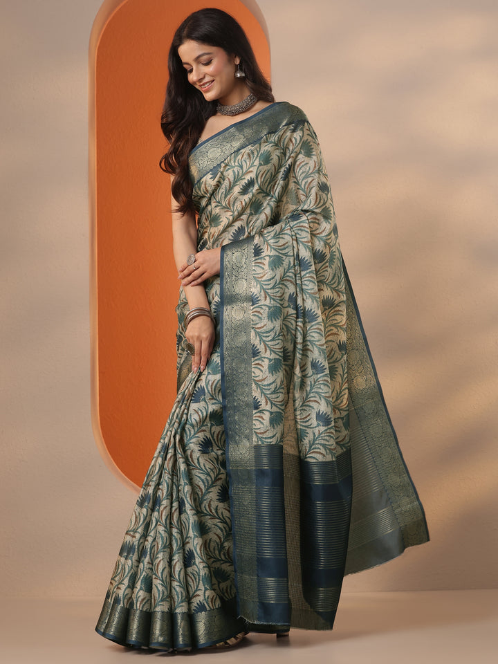 Green Tropical Printed Kota Saree With Unstitched Blouse Piece