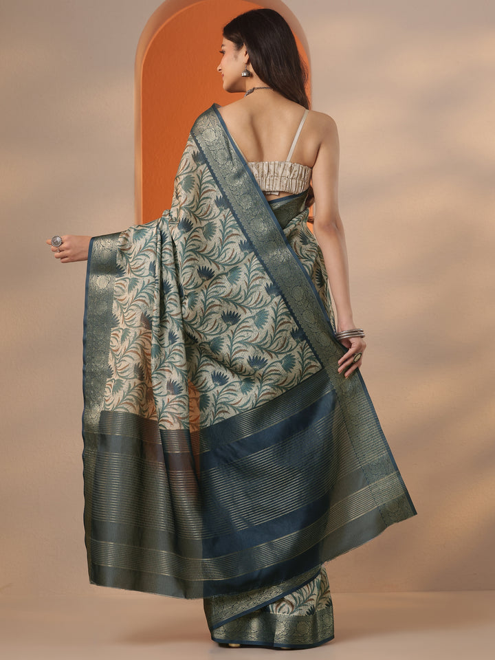 Green Tropical Printed Kota Saree With Unstitched Blouse Piece