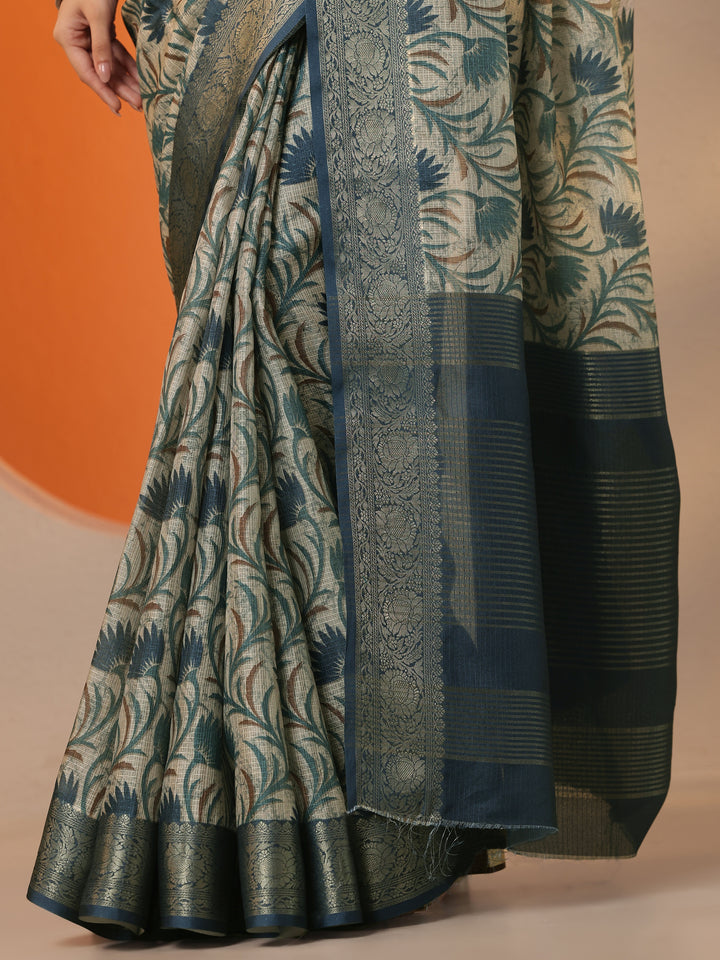 Green Tropical Printed Kota Saree With Unstitched Blouse Piece