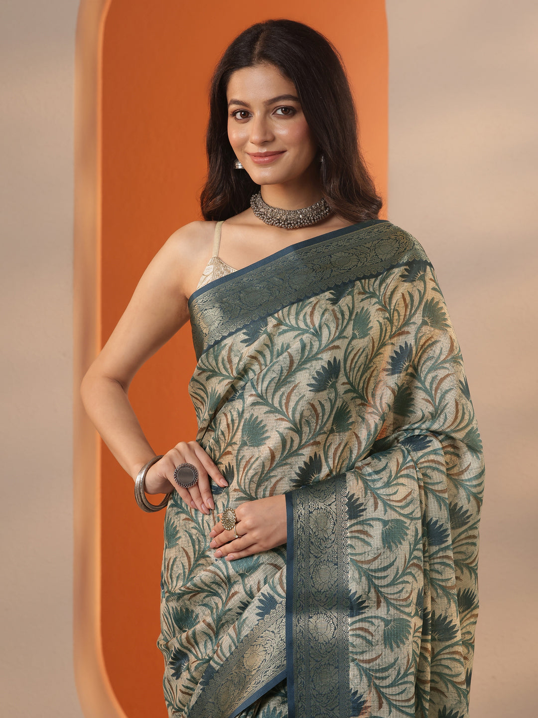 Green Tropical Printed Kota Saree With Unstitched Blouse Piece