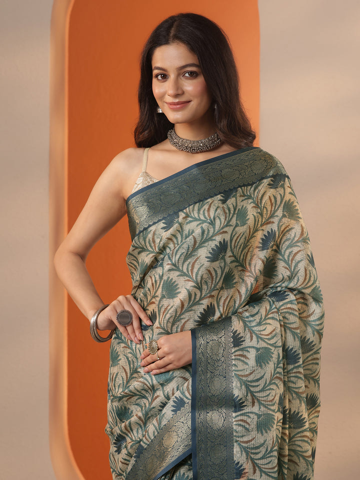 Green Tropical Printed Kota Saree With Unstitched Blouse Piece