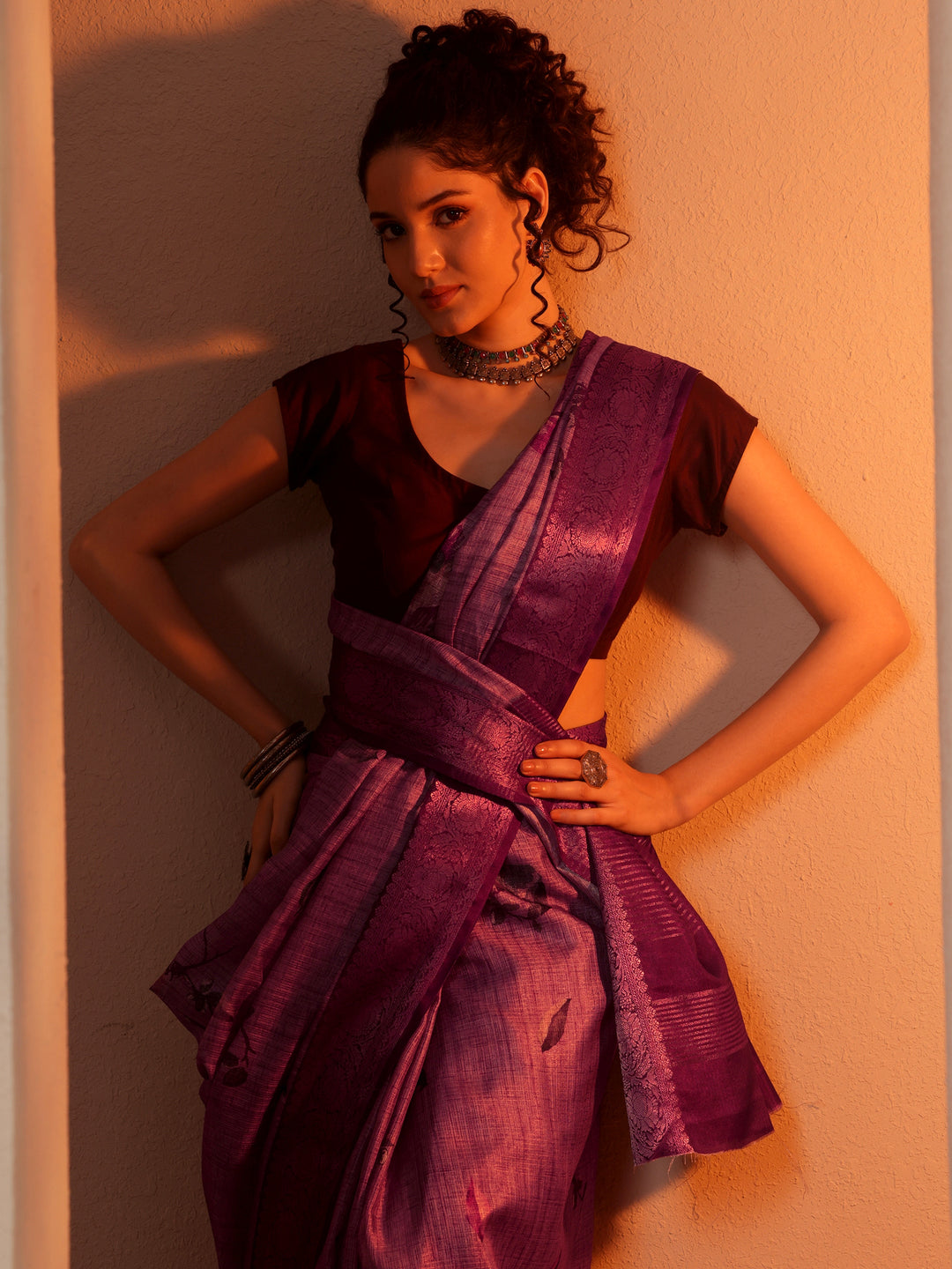 Lavender Printed Kota Saree With Unstitched Blouse Piece