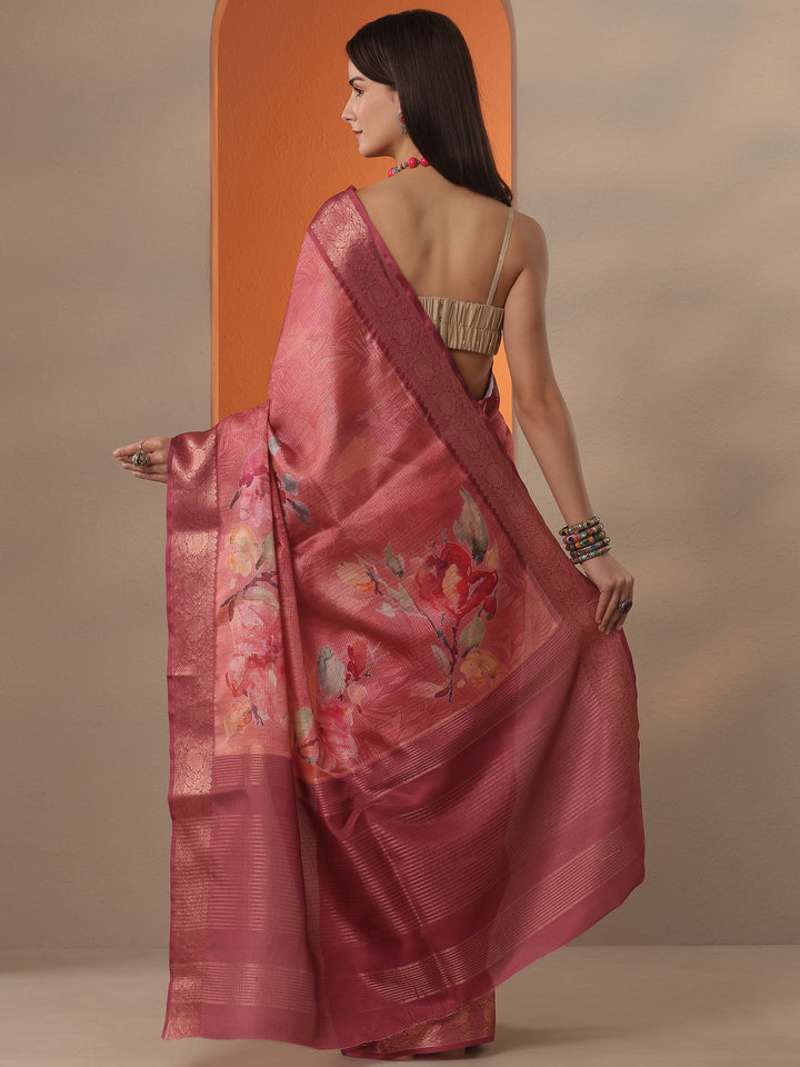 Coral Printed Kota Saree With Unstitched Blouse Piece