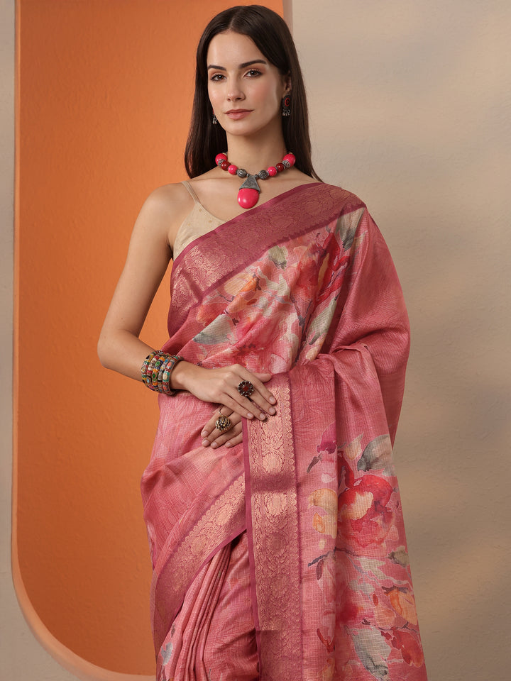 Coral Printed Kota Saree With Unstitched Blouse Piece