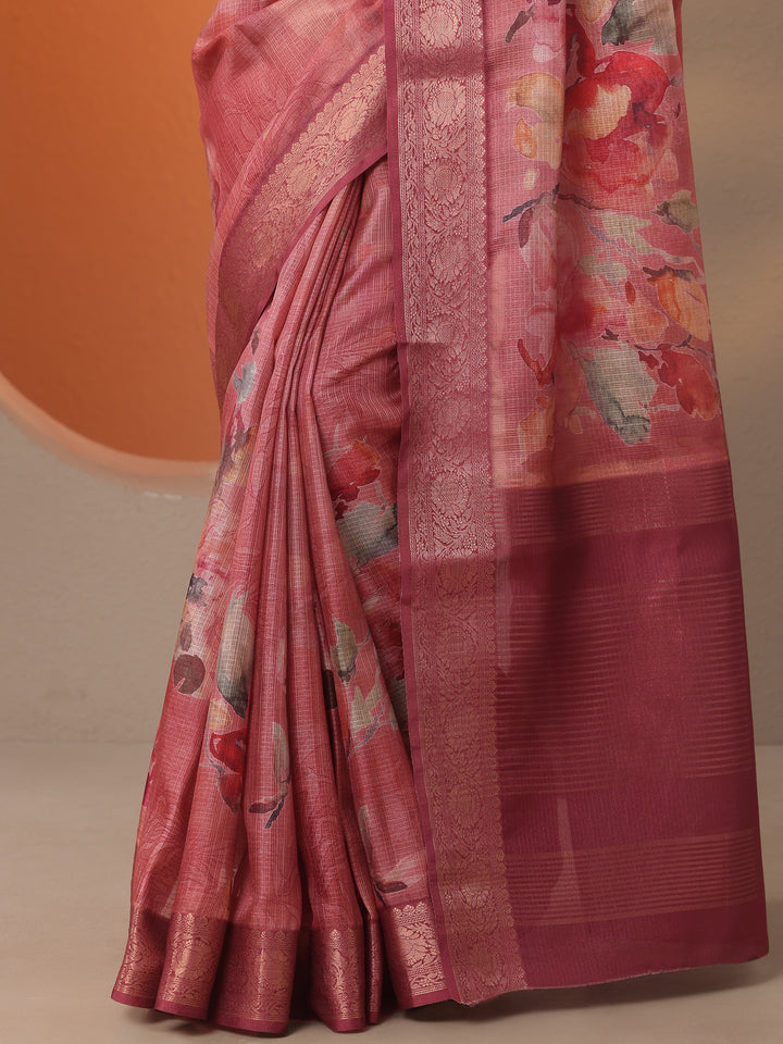 Coral Printed Kota Saree With Unstitched Blouse Piece